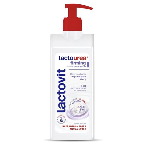 Lactovit Lactourea Firming balsam do ciała do skóry bardzo suchej. Biała butelka z czerwoną pompką.