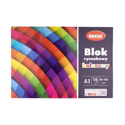 Rexus Blok rysunkowy kolorowy A3, 16 kartek, 80-100 g/m². Okładka z barwnym, geometrycznym wzorem.