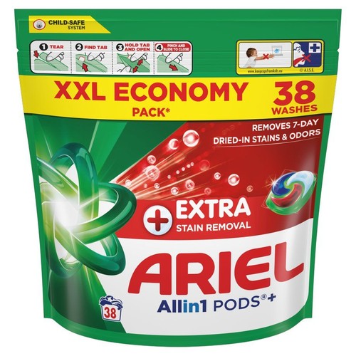 Opakowanie Ariel Allin1 PODS+ XXL Economy Pack, 38 prań. System Child-Safe. Usuwa 7-dniowe zaschnięte plamy i zapachy.