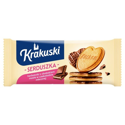 Opakowanie herbatników Krakuski Serduszka. Ciastka w kształcie serc z masłem i czekoladą mleczną.