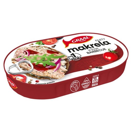 Puszka Graal Filety Makrela w sosie Barbecue, numer 1 w Polsce. Zawiera 20g białka.