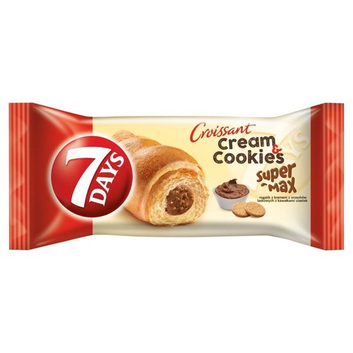 Opakowanie rogalika 7 DAYS Croissant Cream & Cookies Super Max. Na opakowaniu rogalik z kremem orzechowym i kawałkami ciastek.
