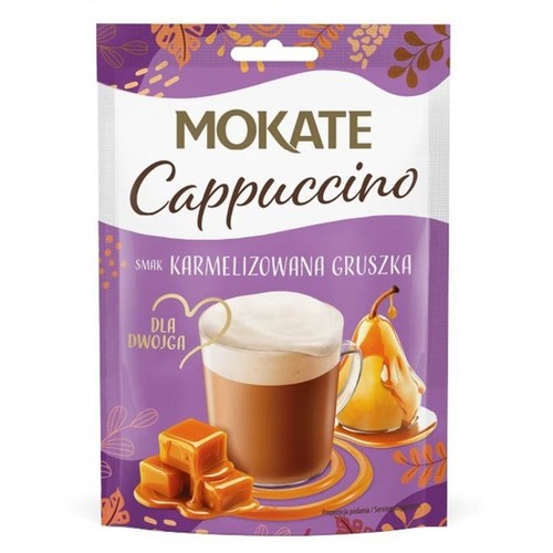 Saszetka Mokate Cappuccino "Dla Dwojga", smak karmelizowana gruszka. Z grafiką filiżanki, gruszki i kostek karmelu.