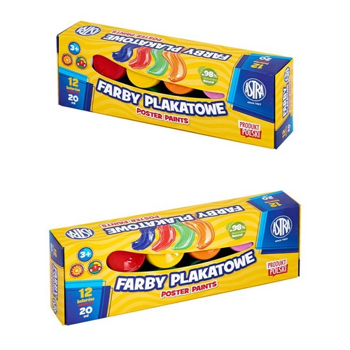 Astra Farby Plakatowe, 12 kolorów po 20 ml. Dla dzieci 3+. Produkt Polski.