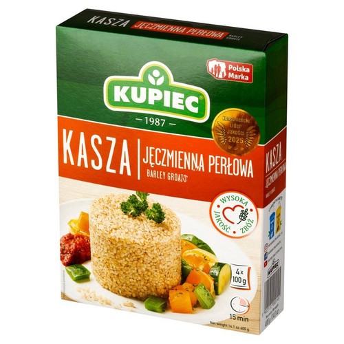 Kupiec Kasza Jęczmienna Perłowa w zielono-pomarańczowym pudełku. Zawiera 4 torebki po 100g. Polska Marka.