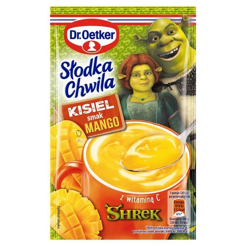 Opakowanie kisielu mango Dr. Oetker z serii Słodka Chwila, z witaminą C. Na froncie wizerunki Shreka i Fiony, a także apetyczna miseczka żółtego kisielu z łyżką i pokrojone mango.