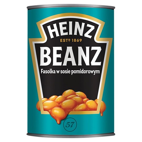 Puszka fasolki Heinz Beanz w sosie pomidorowym. Etykieta w kolorze turkusowym z dużym, czarnym logo "BEANZ" i mniejszym "HEINZ". Widoczna grafika z apetyczną fasolką w gęstym sosie. Na dole etykiety okrągły symbol "57".