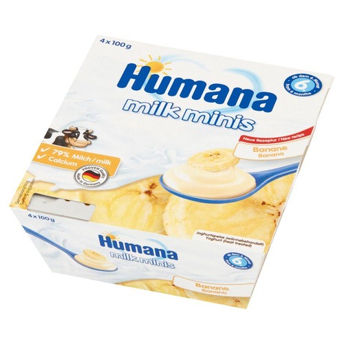 Kartonowe opakowanie Humana milk minis, jogurt bananowy dla dzieci od 6. miesiąca życia. Zawiera 79% mleka i wapń. Na opakowaniu grafika przedstawiająca łyżeczkę z jogurtem i plasterkami banana. Opakowanie zbiorcze 4x100g.
