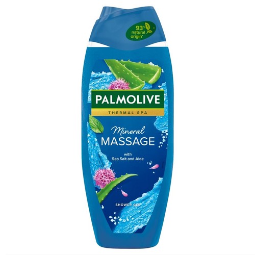 Żel pod prysznic Palmolive Mineral Massage z solą morską i aloesem. Opakowanie w kolorze niebieskim z motywem roślinnym.
