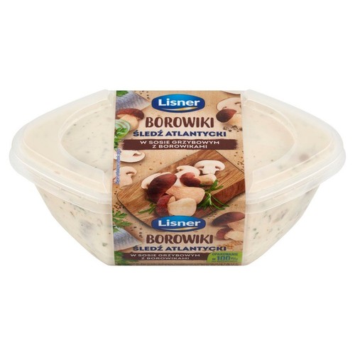 Lisner Śledź Atlantycki Borowiki w sosie grzybowym z borowikami, 100g. Produkt w przezroczystym plastikowym pojemniku. Etykieta z grafiką kawałków śledzia i grzybów borowików na drewnianej desce.