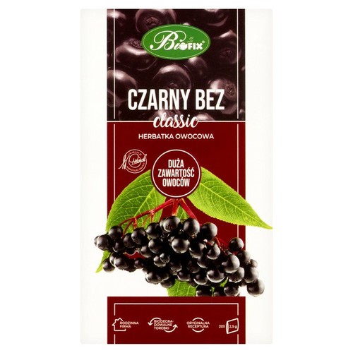BioFIX Czarny Bez classic, herbatka owocowa. Opakowanie z grafiką czarnego bzu. 20 torebek po 2.5g.