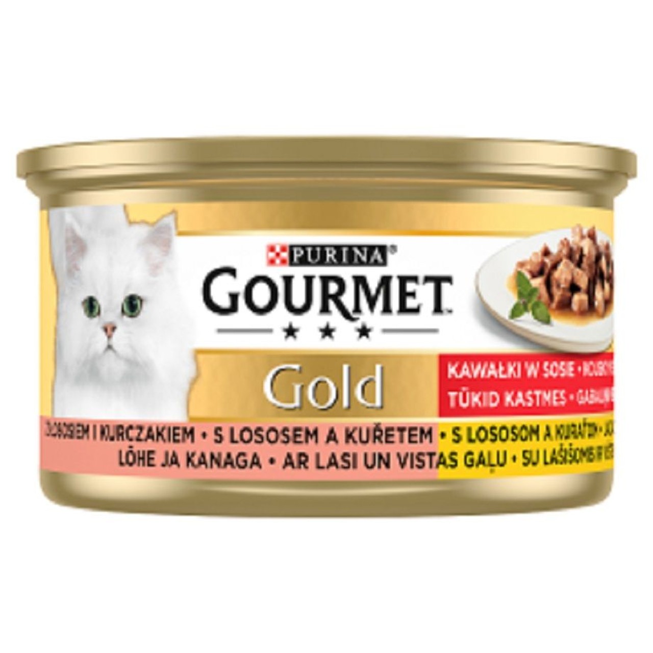 Mokra karma dla dorosłych kotów z łososiem i kurczakiem w sosie Gourmet 85 g