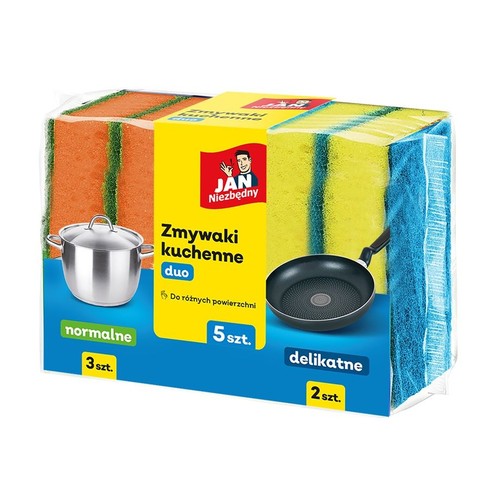 Opakowanie zmywaków kuchennych JAN Niezbędny, 5 sztuk. W zestawie 3 zmywaki normalne i 2 delikatne.