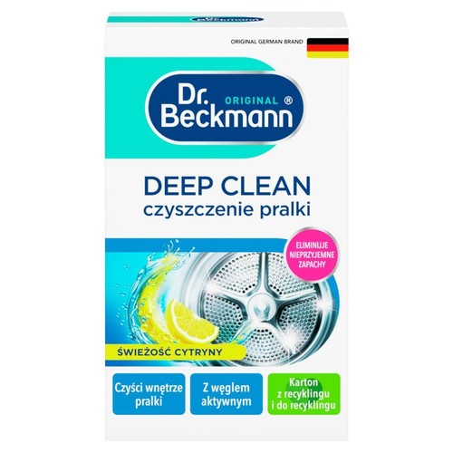 Opakowanie Dr. Beckmann Deep Clean do czyszczenia pralki. Zapewnia świeżość cytryny i eliminuje zapachy. Karton z recyklingu.
