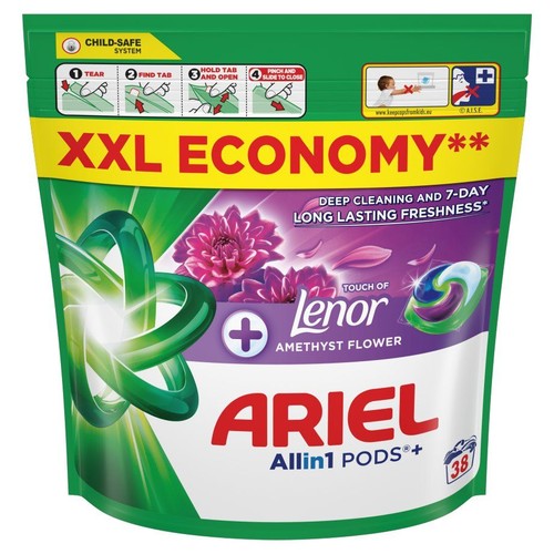 Opakowanie Ariel Allin1 PODS+ 38 kapsułek, z systemem Child-Safe, zapach Amethyst Flower.