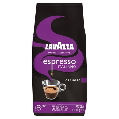 Lavazza Espresso Italiano Cremoso, ziarna kawy, 1 kg. Intensywność 8/10. Idealne do czarnej kawy i latte.