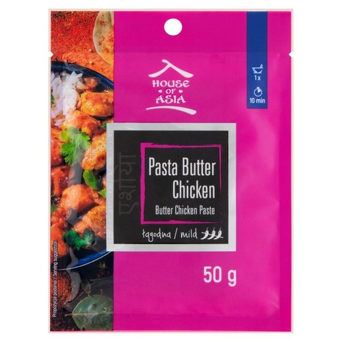 Opakowanie pasty House of Asia Butter Chicken o wadze 50 g. Na różowym tle nazwa produktu i grafika sugerująca podanie.