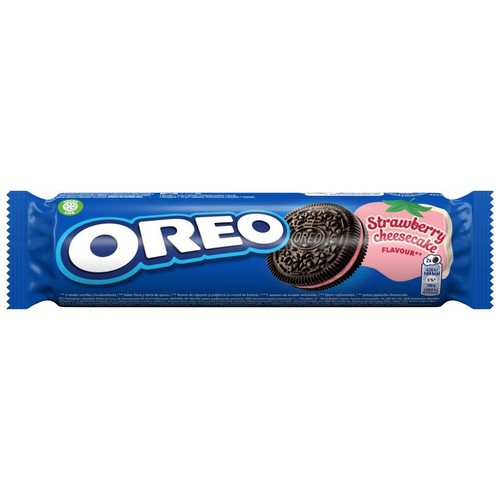 Produkt spożywczy: paczka ciastek Oreo z nadzieniem o smaku truskawkowego sernika. Opakowanie jest niebieskie, z białym napisem "OREO" i ilustracją przekrojonego ciastka z różowym kremem. Zawiera logo Rainforest Alliance.