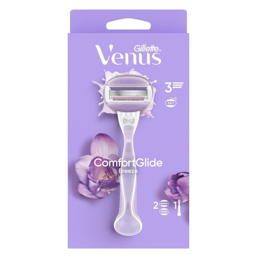 Fioletowe opakowanie maszynki Gillette Venus ComfortGlide Breeze. Widoczna maszynka z 3 ostrzami i efektem piany.