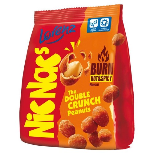 Czerwono-pomarańczowa paczka NicNacs Burn Hot&Spicy, orzeszki ziemne w chrupiącej panierce. Opakowanie informuje, że to produkt wegański i zawiera olej słonecznikowy. Grafika przedstawia orzeszki w panierce.