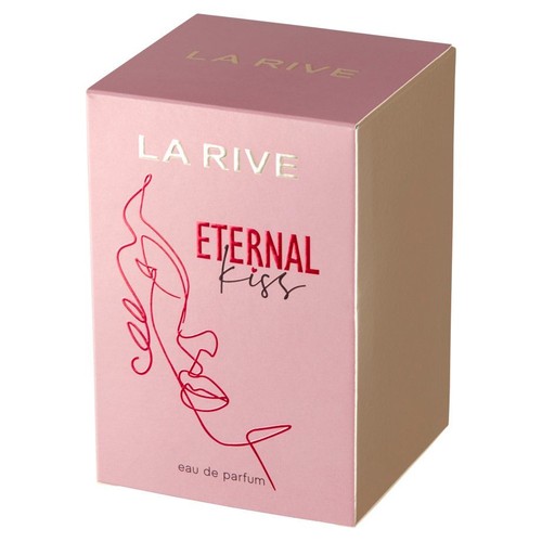 Różowe pudełko perfum LA RIVE Eternal Kiss. Na froncie czerwona grafika twarzy i napis "eau de parfum".
