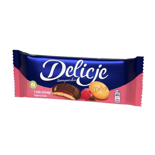 Biszkopty z galaretką o smaku malinowym oblane czekoladą  Delicje 147 g