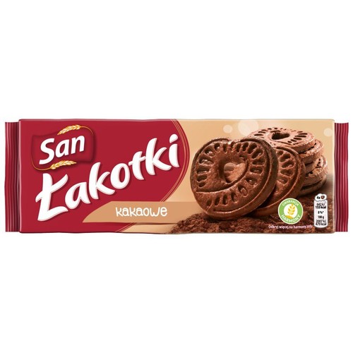 Opakowanie ciastek San Łakotki kakaowe. Czerwono-beżowa paczka z grafiką okrągłych, ciemnych ciastek z wzorem serca.