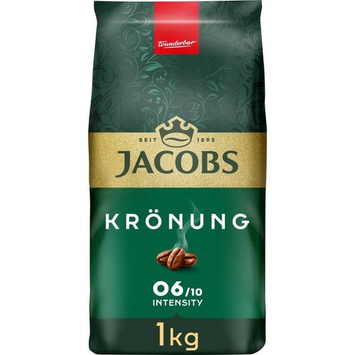 Opakowanie kawy Jacobs Krönung, 1 kg. Zielona torba z logo korony i ziaren kawy. Intensywność 06/10.