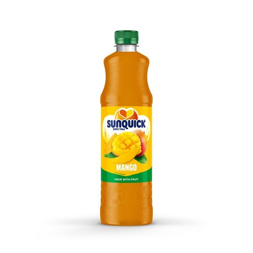 Butelka koncentratu Sunquick Mango z zieloną nakrętką. Na etykiecie grafika mango i napis "Made with fruit".