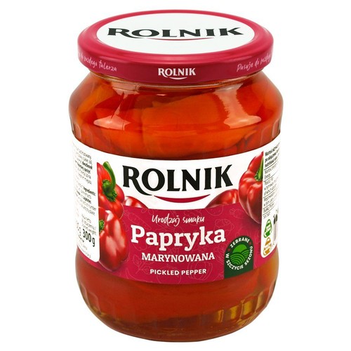 Słoik papryki marynowanej Rolnik, 300g. Na etykiecie napis "Papryka Marynowana" i logo Rolnik.