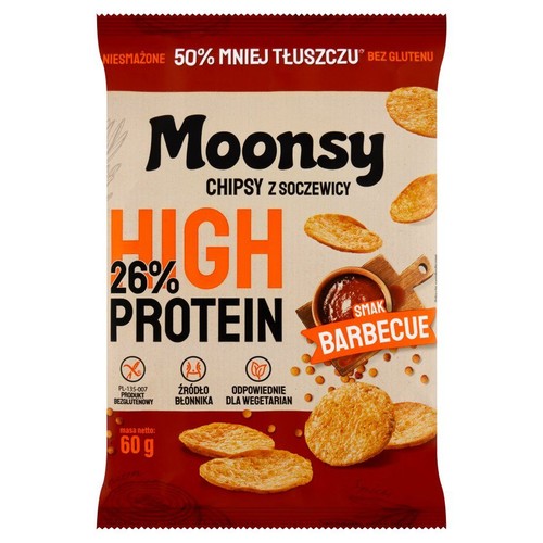 Opakowanie Moonsy Chipsów z soczewicy o smaku barbecue. Produkt niesmażony, zawiera 26% białka i 50% mniej tłuszczu. Jest bezglutenowy, źródłem błonnika i odpowiedni dla wegetarian. Masa netto 60g.