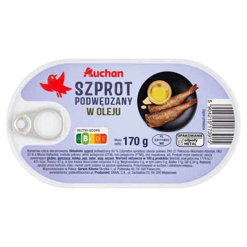 Konserwa Auchan Szprot podwędzany w oleju, masa netto 170g. Metalowa puszka z grafiką ryb.