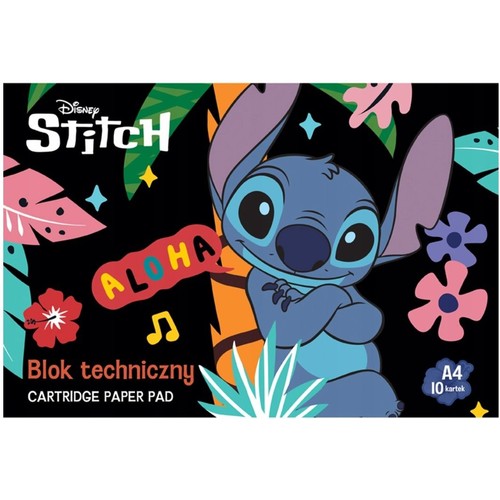 Blok techniczny A4 Disney Stitch, 10 kartek. Niebieski Stitch z tropikalnymi liśćmi i napisem "ALOHA".