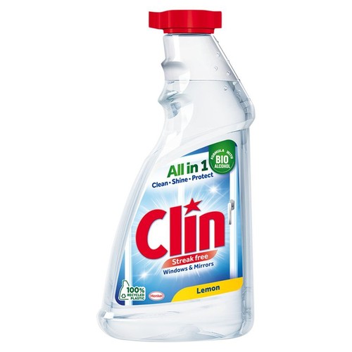 Clin All in 1 Lemon, płyn do szyb i luster. Butelka z plastiku w 100% z recyklingu. Czyści, nabłyszcza, chroni.