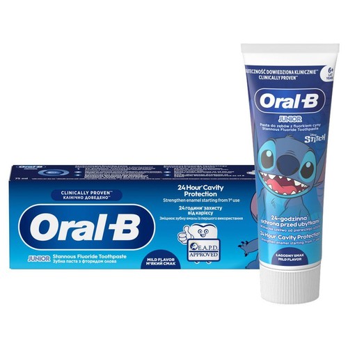 Pasta do zębów Oral-B Junior 6+ lat, 75 ml. Tubka i pudełko z grafiką Stitcha. Łagodny smak, wzmacnia szkliwo.
