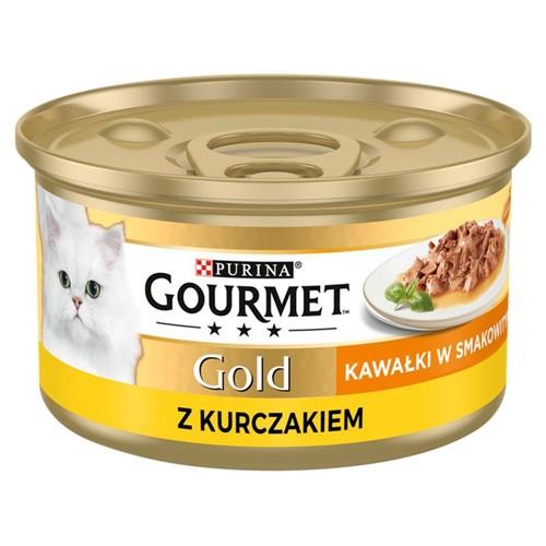 Złota puszka karmy dla kota Purina Gourmet Gold z kurczakiem w sosie. Na etykiecie biały kot i talerzyk z jedzeniem. 85g.