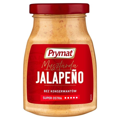 Słoik musztardy Prymat Jalapeño. Produkt jest super ostry, bez konserwantów. Ma czerwoną etykietę i czerwoną zakrętkę.