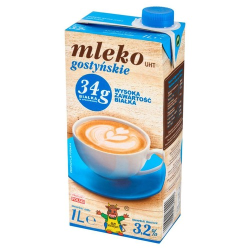 Karton mleka Gostyńskie UHT 1L, 3.2% tłuszczu, z 34g białka. Na opakowaniu filiżanka kawy latte.