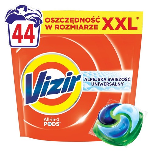 Pomarańczowe opakowanie Vizir All-in-1 PODS, 44 sztuki. Widoczna kapsułka w kolorach niebieskim i zielonym.