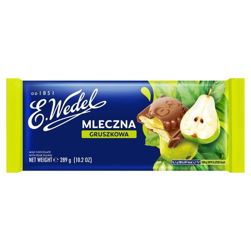 Czekolada mleczna E. Wedel Mleczna Gruszkowa z nadzieniem gruszkowym, 289 g. Na opakowaniu grafika czekolady i gruszek.