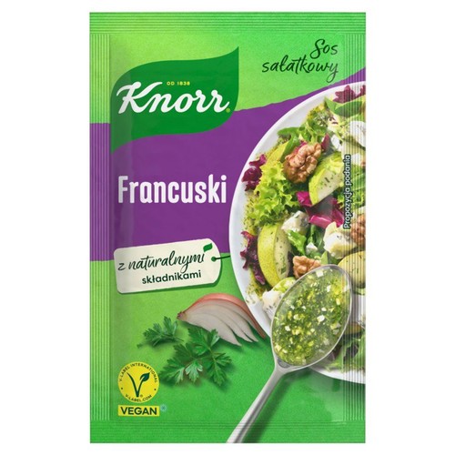 Saszetka Knorr Sos Sałatkowy Francuski. Na opakowaniu grafika sałatki i łyżki z sosem. Produkt jest wegański.