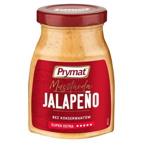 Słoik musztardy Prymat Jalapeño. Ma czerwoną etykietę z białym napisem "Prymat" i "Musztarda Jalapeño". Jest super ostra i bez konserwantów.