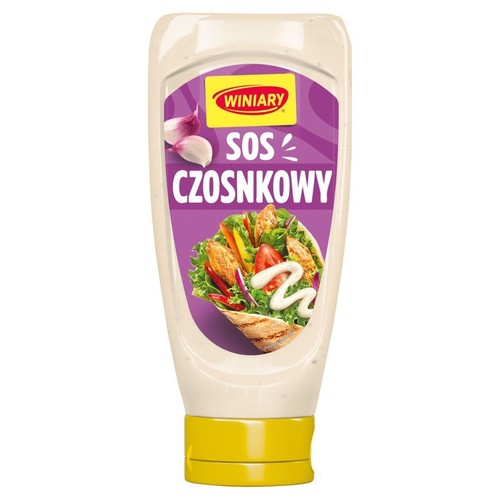 Butelka sosu czosnkowego Winiary z żółtą nakrętką. Na etykiecie grafika czosnku i tortilli z kurczakiem.