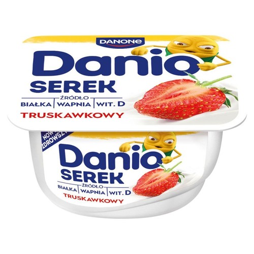 Opakowanie serka Danio truskawkowego. Zawiera białko, wapń i witaminę D. Z grafiką truskawki i żółtej postaci.
