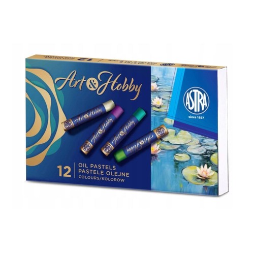 Pudełko pasteli olejnych Art & Hobby Astra, 12 kolorów. Opakowanie w odcieniach niebieskiego z grafiką lilii wodnych.