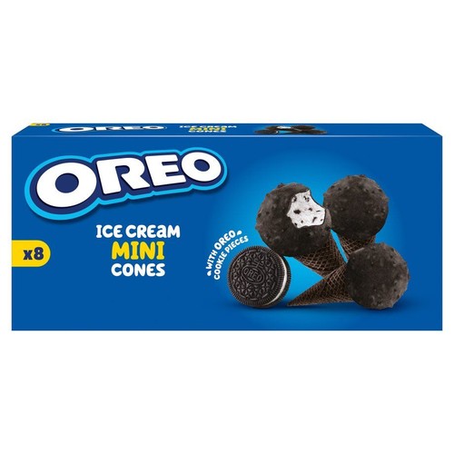 Opakowanie lodów Oreo Mini Cones, 8 sztuk. Na pudełku grafika trzech rożków lodowych z kawałkami ciastek Oreo.