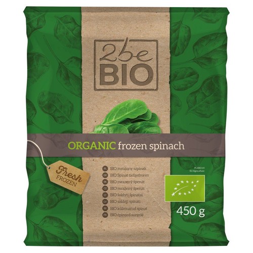 Zielone opakowanie mrożonego szpinaku 2be BIO o wadze 450 g. Na środku brązowy pas z logo "2be BIO" i grafiką świeżych liści szpinaku. Widoczny napis "Ekologiczny mrożony szpinak" oraz etykieta "Świeżo mrożone". Produkt z certyfikatem EU Agriculture.