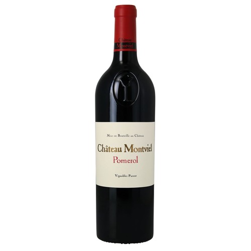 Wino Château Montviel Pomerol w eleganckiej, ciemnej butelce z czerwoną osłoną szyjki. Kremowa etykieta zawiera nazwę Château Montviel, region Pomerol i producenta Winnice Parent. Na butelce widoczne jest wytłoczone logo kieliszka.
