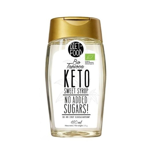 Przezroczysta butelka syropu DIET-FOOD Bio Tapioca KETO Sweet Syrup. Produkt ekologiczny, bez dodatku cukru, o pojemności 180 ml. Na etykiecie widnieje logo DIET-FOOD i zielony symbol rolnictwa ekologicznego UE.