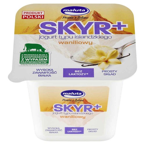 Maluta Skyr+ waniliowy, jogurt typu islandzkiego. Produkt Polski, z wysoką zawartością białka. Na wieczku łyżka z jogurtem i wanilią.